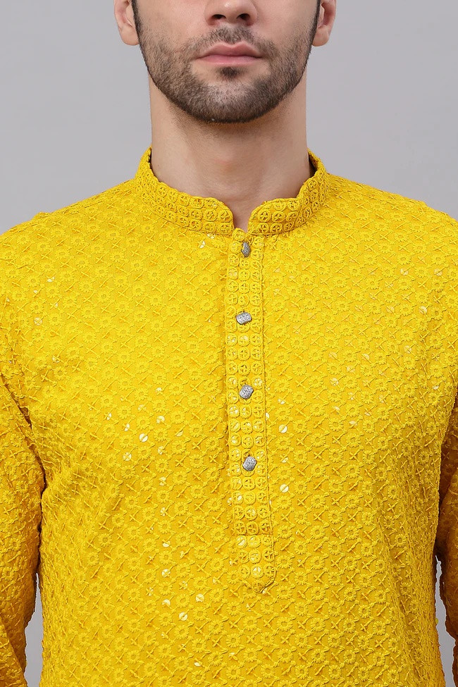 Men Yellow Chikankari Embroidered and Sequence Kurtas