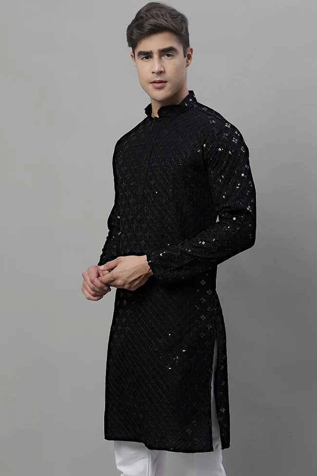 Men's Black Chikankari Embroidered and Sequence Kurtas