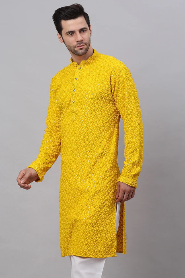 Men Yellow Chikankari Embroidered and Sequence Kurtas